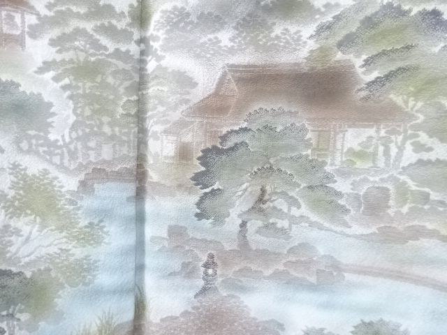 アンティーク　寿光織　庭園風景模様織り出し一つ紋着物(内袖付き)